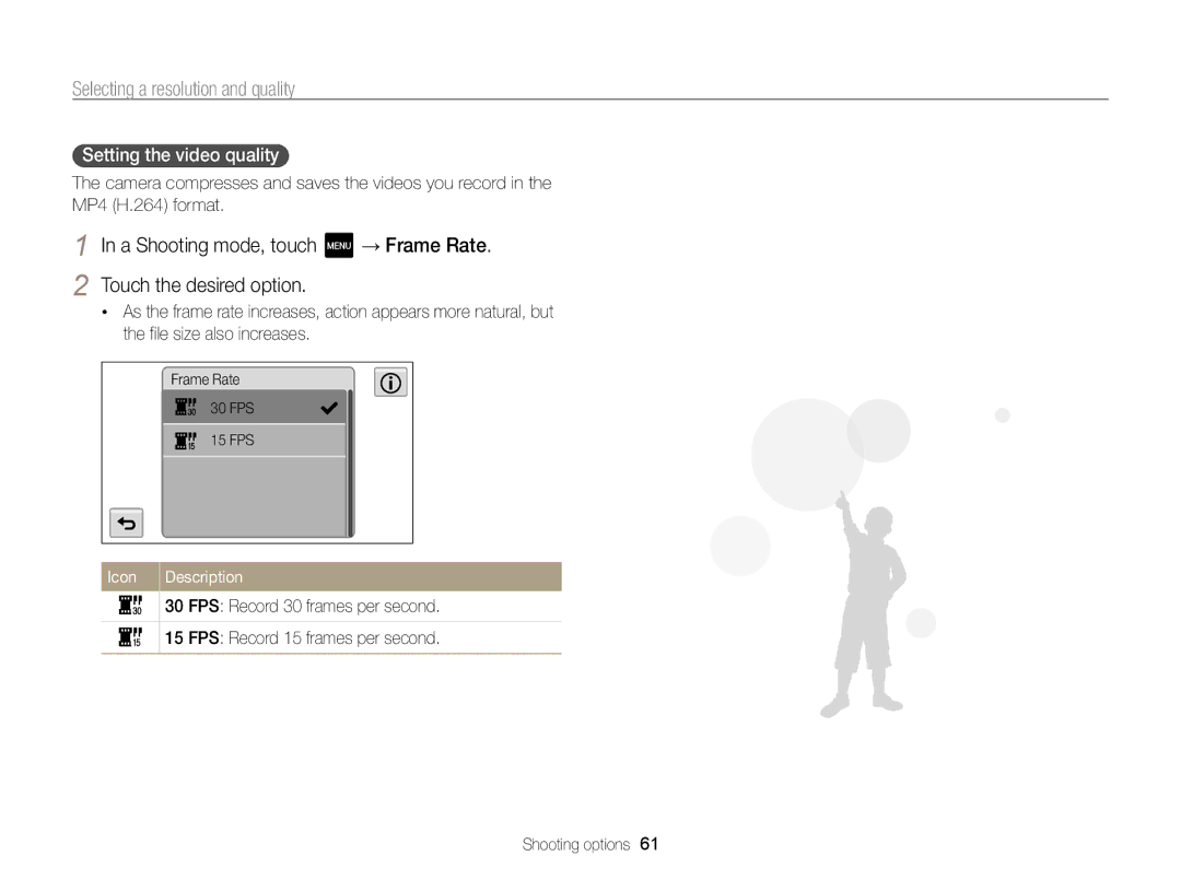 Samsung ECMV800ZBPBUS user manual Setting the video quality , → Frame Rate 